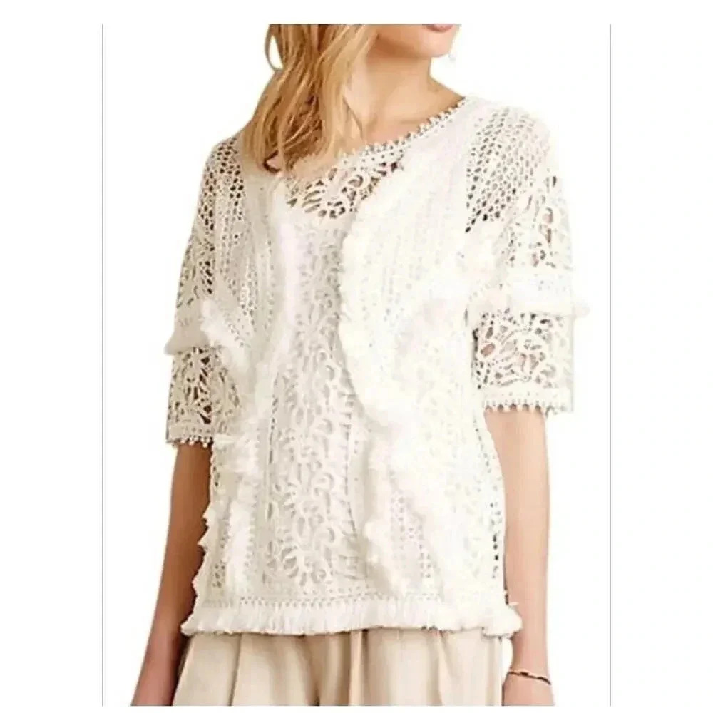 Anthropologie Yoana Baraschi Top White Lace‎ Crochet Fringe Trim Short Sleeve S